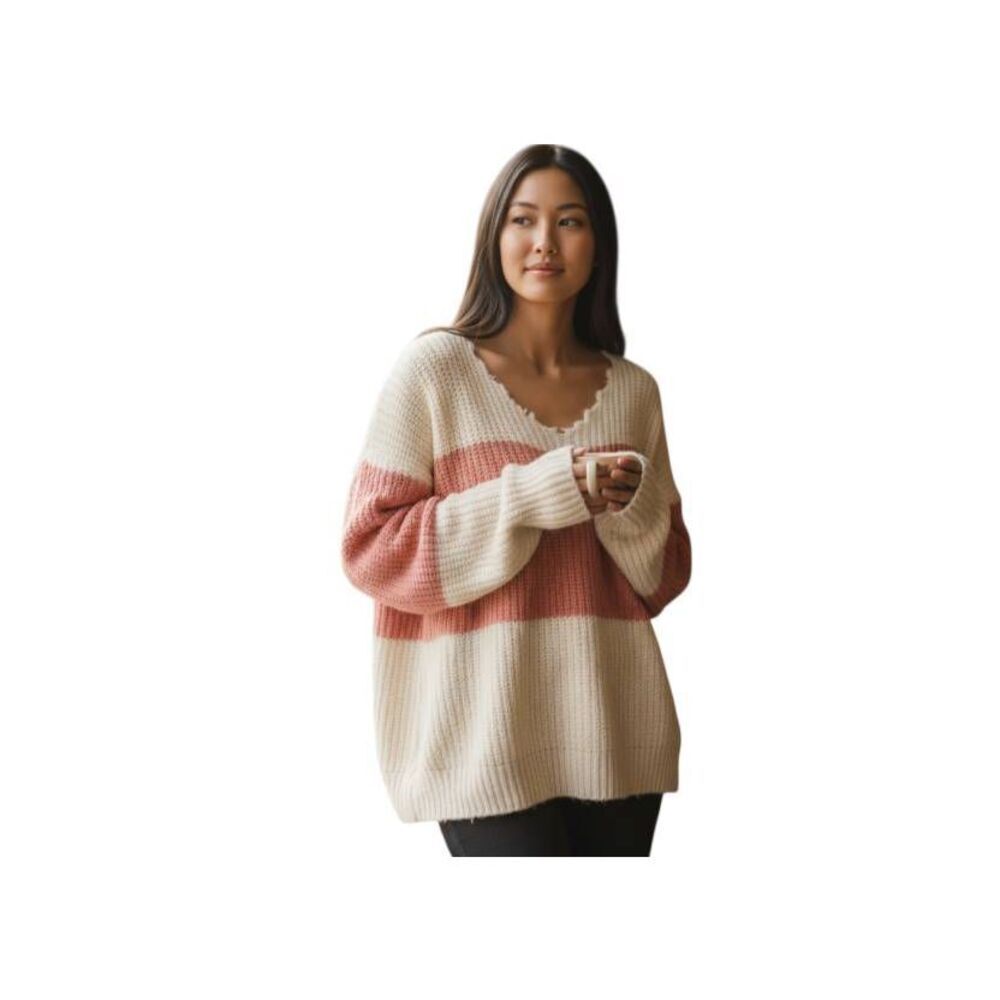 POPSUGAR CREAM & PINK DISTRESSED HEM SWEATER SZ.XL EUC.